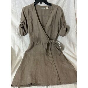 Promod Linen Wrap Dress Cottagecore Coastal Grandma Taupe Button Tab Mini Size 6